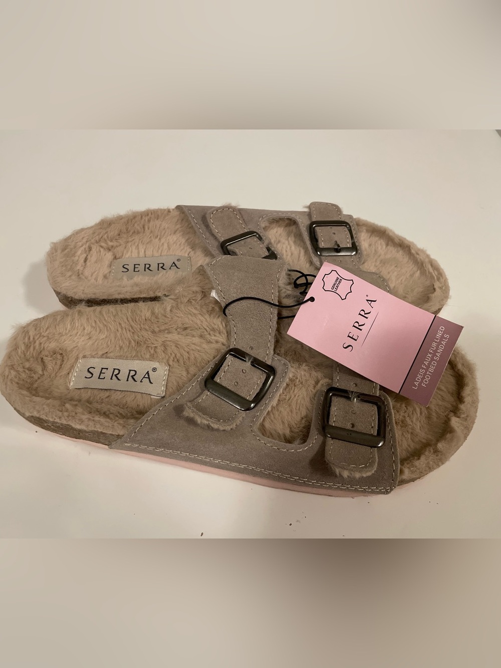 NWT Serra Suede Faux Fur Buckle Slides in Taupe and Pink